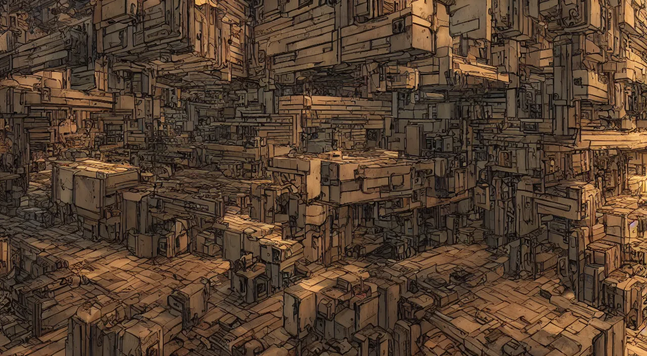 Image similar to wood wall fortress greeble block amazon jungle global illumination ray tracing that looks like it is from borderlands and by feng zhu and loish and laurie greasley, victo ngai, andreas rocha, john harris