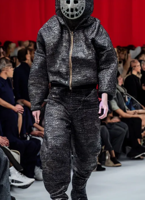 Image similar to hyperrealistic and heavy detailed balenciaga avant garde runway show of jason voorhees, leica sl 2 5 0 mm, vivid color, high quality, high textured, real life, full body in shot, medium distance