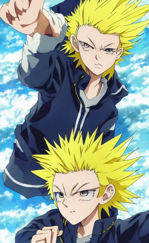 Image similar to Anime key visual of a young boy with spikey yellow hair and lightning powers, Illustrated by Kohei Horikoshi, high quality face, detailed eyes, big eyes, official media, 8k, anime, detailed, HD