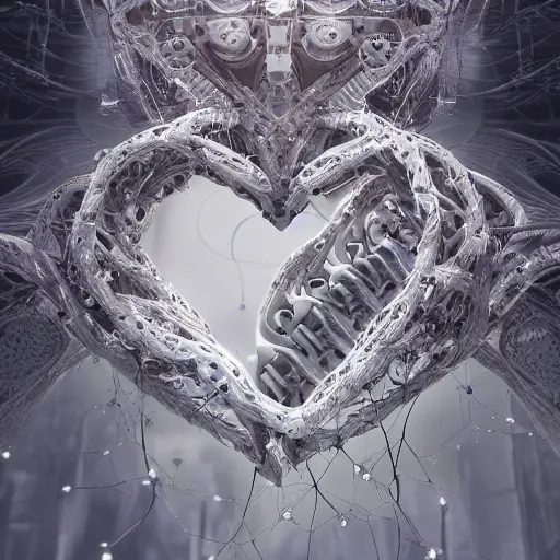 Image similar to biocomputer heart in intricate intertwined with white biocomputer flowers, biomechanical flowers, intricate environment, matte painting, diffused lighting, highly detailed cinematic, epic composition, highly detailed, atmospheric, wide angle, artstation trending