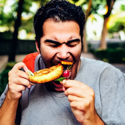 Image similar to he is eating a burger. he is eating it with his hands. he is eating it with his mouth. he is eating it with his teeth. he is eating it with his tongue. he is eating it with his lips. he is eating it with his cheeks