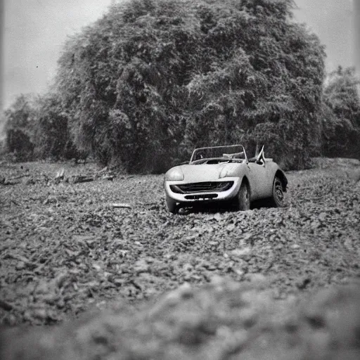 Image similar to a mazda mx-5 standing in no man's land, ww1, grainy black and white photograph