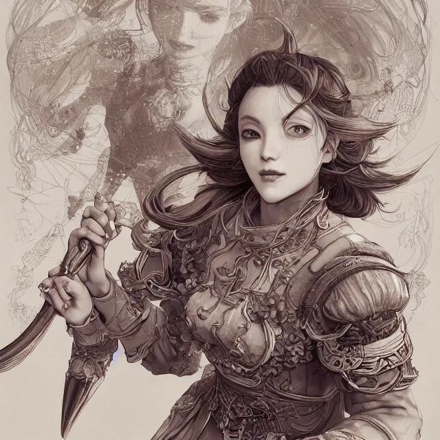 Prompt: the portrait of neutral good female cleric bard as absurdly beautiful, gorgeous, elegant, sophisticated happy woman, an ultrafine hyperdetailed illustration by kim jung gi, irakli nadar, intricate linework, sharp focus, bright colors, octopath traveler, final fantasy, unreal engine 5 highly rendered, global illumination, radiant light, detailed and intricate environment