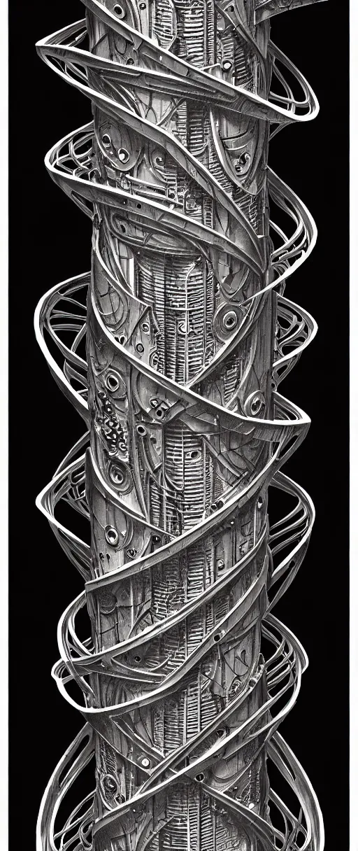 Image similar to a double helix dna cyberpunk steampunk carved pillar, high details, lineart, by vincent di fate and joe fenton, inking, screen print, masterpiece, trending on artstation, sharp, high contrast, hyper - detailed,, hd, 4 k, 8 k