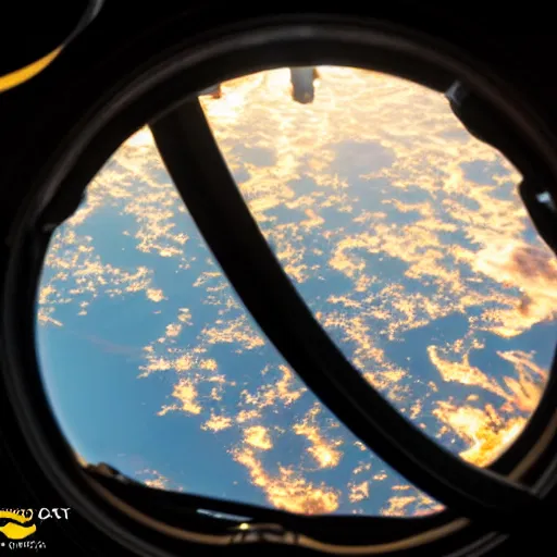 Image similar to stunning photo of a kraken seen outside the window of the ISS, beautiful ambient light, golden hour, 85mm f1.8