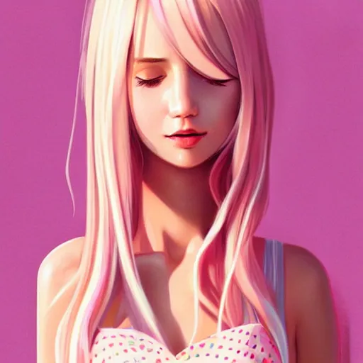 Prompt: happy adult female in sundress, summer dress, pastel light pink very long hair, muted colors, matte print, pastel colors, 2d, ultra highly detailed, digital art, digital painting, fan art, elegant, artstation, head is centered, by Ilya Kuvshinov