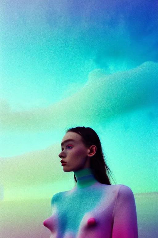 Image similar to high quality pastel coloured film close up wide angle photograph of a model wearing clothing swimming on cloud furniture in a icelandic black rock!! environment in a partially haze filled dreamstate world. three point light, rainbow. photographic production. art directed. pastel colours. volumetric clouds. pastel gradient overlay. waves glitch artefacts. extreme facial clarity. 8 k. filmic.