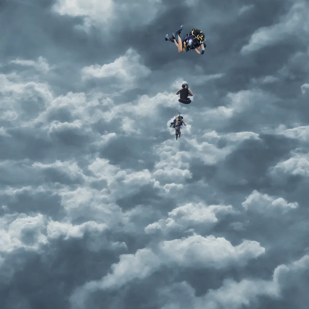 Image similar to a scubadiver floating above the clouds, digital illustration