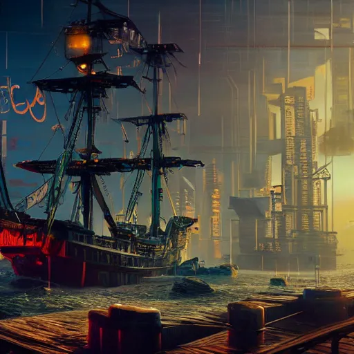 Image similar to high quality photo of a pirate ship in a cyberpunk cyberpunk cyberpunk city, realism, 8k, award winning photo