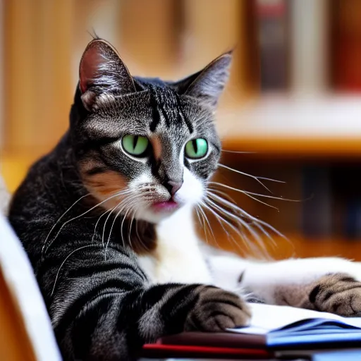 Prompt: a photo of a stressed out cat studying for an exam