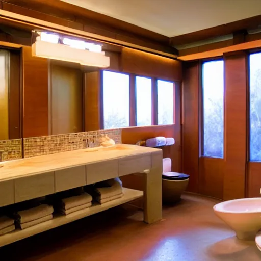 Image similar to a large stocked bathroom designed by Frank Lloyd Wright, bright lights, a bidet, a toilet, two cabinets, a full mirror, wide angle shot