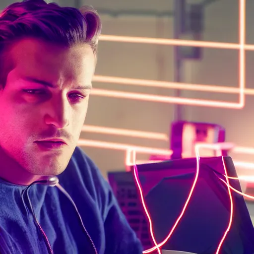 Prompt: a man sitting in front of a computer screen, glow on face, connected with wires to computer, https://i.ibb.co/Wz2Fw91/sebastian-szmyd-vhs-cyberpunk-2.jpg