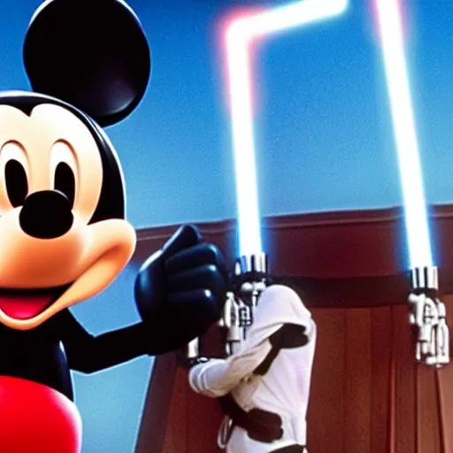 Image similar to film still of mickey mouse killing darth vader in the new star wars movie, 4 k