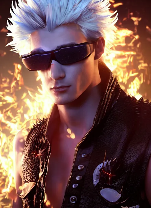 Image similar to An epic fantasy comic book style portrait painting of young man with long red spiked hair. Wearing a black waistcoat, white shirt, using googles. Rockstar. Blasting fire on his hands. Unreal 5, DAZ, hyperrealistic, octane render, cosplay, RPG portrait, dynamic lighting