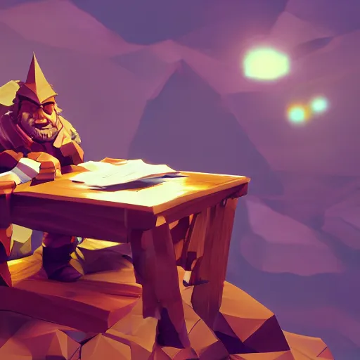 Image similar to A low poly dwarf peeking over his desk surprised at the amount of mail on the desk, deep rock galactic screenshot, video game