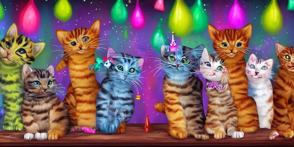 Image similar to A photo of cats having a wild party in a nightclub, very detailed and photorealistic image, beautiful scene