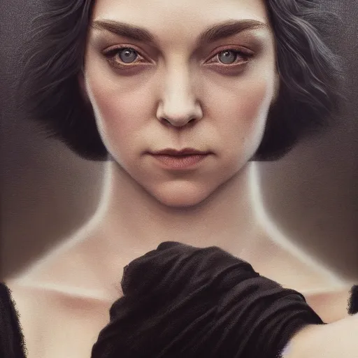 Image similar to tom bagshaw portrait, beautiful mix of natalie dormer and natalie portman in desert robes, black hair, professionally retouched, focus eyes, ultra realistic soft painting, insanely detailed linework, symmetrical accurate intricate features, behance, 8 k