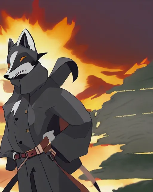 Image similar to a fox in a black trench - coat in front of a huge explosion in the middle of a war, style of anime