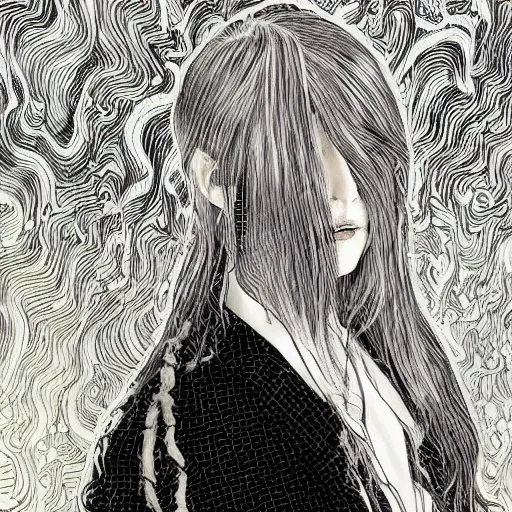 Image similar to yoshitaka amano realistic photo of a young woman with black eyes and long wavy white hair wearing dress suit with tie and surrounded by abstract junji ito style patterns in the background, blurry and dreamy illustration, david lynch, twin peaks, noisy film grain effect, highly detailed, weird portrait angle
