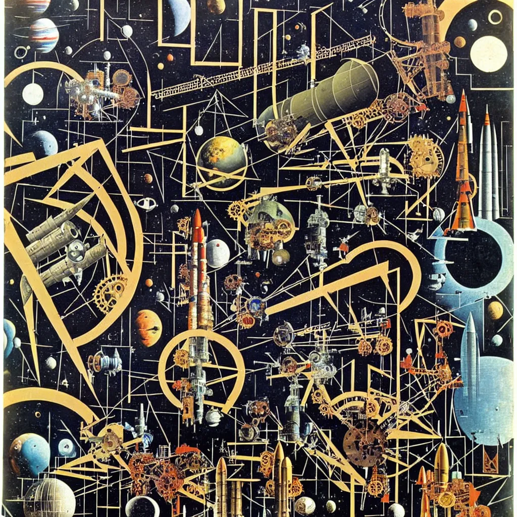 Image similar to 1950 magazine cut out collage of steam punk machinery for space exploration painted by max ernst, alfons maria much, 35 mm graflex,