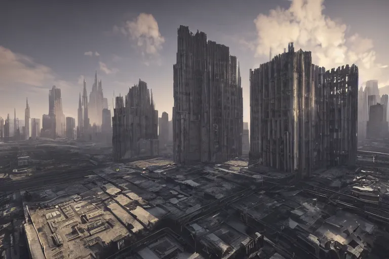 Image similar to streetscape, a towering cathedral of brutalist architecture, buildings covered with greebles, stunning volumetric light, sunset, metal, concrete and translucent material, stunning skies, majestic landscape, trending on Artstation, 8k, photorealistic, hyper detailed, unreal engine 5, IMAX quality, cinematic, epic lighting, in the style of Greg Rutkowski