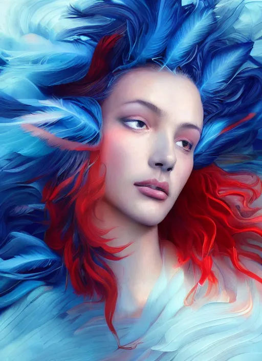 Image similar to a painting of a woman who made of curly and transparent feathers and cloud with red edges is holding a sword, a digital painting by charlie bowater, made of many translucent layers of blue feathers and cloud, metaphysical painting, speedpainting, digital painting, holographic undertones, highly saturated colors, 4 k, digital art, concept art, trending on artstation