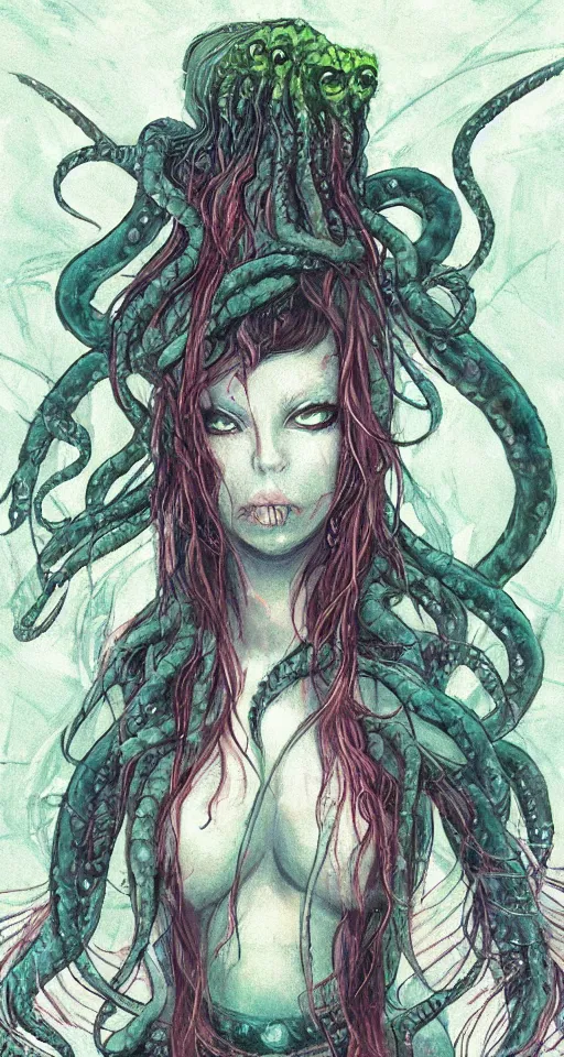 Image similar to painting of Cthulu depicted as a woman, by Ryohei Fuke, Huke, personification, featured on pixiv, dystopian, rayonism, cold hue's