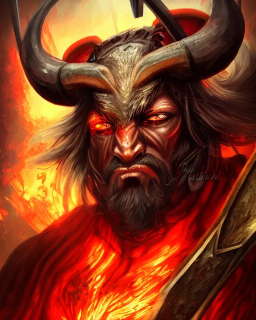 Image similar to minotaur from path of exile wielding 2 hand axe, portrait, anime, digital painting, highly detailed, intricate, trending on artstation