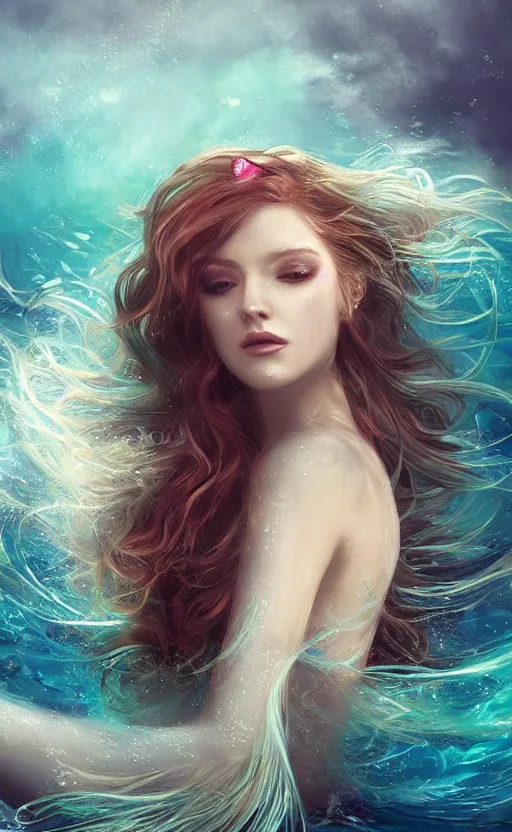 Prompt: a beautiful woman underwater mermaid, 8 k, sensual, hyperrealistic, hyperdetailed, beautiful face, long turquoise hair windy, dark fantasy, fantasy portrait by laura sava
