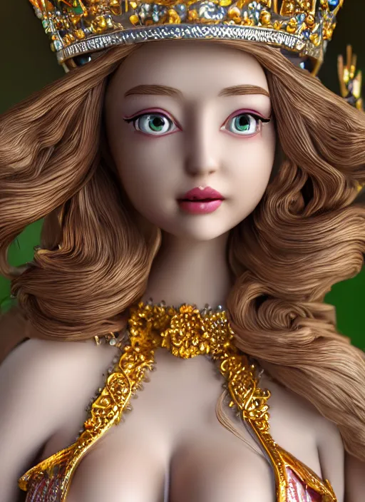 Image similar to closeup profile face portrait of a tin toy fairytale princess wearing a crown eating cakes, bikini, depth of field, zeiss lens, detailed, symmetrical, centered, fashion photoshoot, by bosch, giger, breathtaking, 8 k resolution, extremely detailed, beautiful, establishing shot, artistic, hyperrealistic, beautiful face, octane render