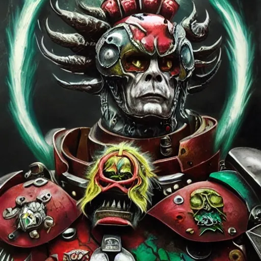 Image similar to Jim Carrey as chaos marine, face visible. epic game portrait. Highly detailed. Warhammer 40k art by Michelangelo