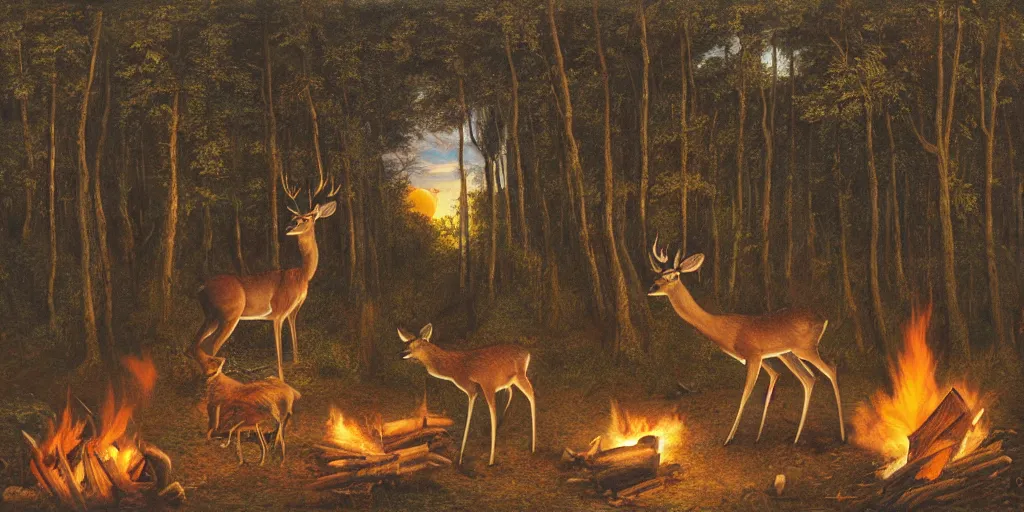 Image similar to A deer sitting next to a campfire in the forest. The deer is holding a cup of tea, watching the sunset, highly detailed painting