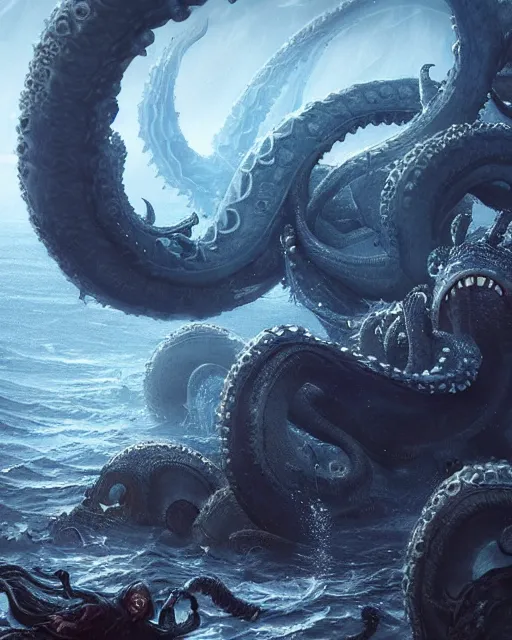 Image similar to An invisible Kraken in the middle of the sea, fantasy art, in the style of greg rutkowski, illustration, epic, fantasy, intricate, hyper detailed, artstation, concept art, smooth, sharp focus, ray tracing