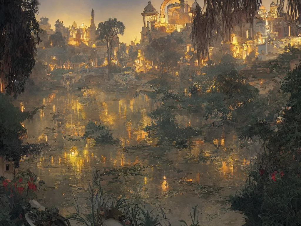 Image similar to a beautiful painting of the view from the river of the lantern festival in a an ancient egyptian city, at night with a sky full of stars, intricate, elegant, highly detailed, digital painting, artstation, concept art, by krenz cushart and artem demura and alphonse mucha