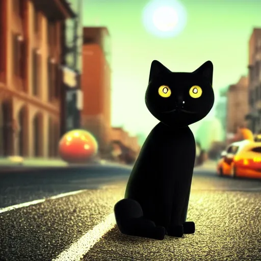 Image similar to black cat with big eyes in the middle of the street at mid night with the moon in the sky. Award winning. Unreal 5. Realistic. Highly detailed. Artstation. Professional photographer.