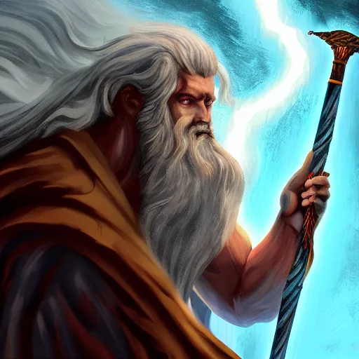 Image similar to Digital painting of Zeus with a lightning sword, hyperdetailed, artstation, terrifying, cinematic lighting, 8k