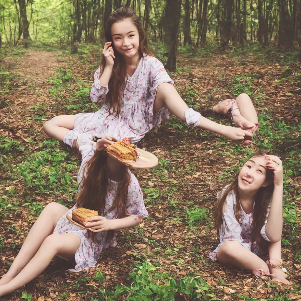 Image similar to a girl sitting in a forest, girl eating a piece of cake, sunny day, windy day, girl with clear beautiful face