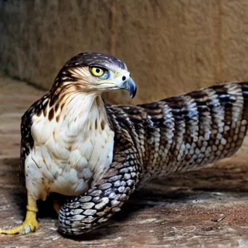 Image similar to hawk and rattlesnake mutant animal , realistic, picture taken in zoo