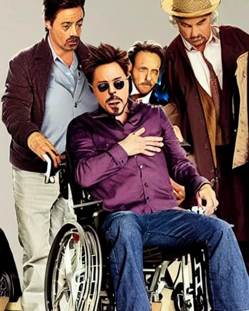 Image similar to robert downey jr. starring in weekend at bernie's. movie poster. comedic. cinematic lighting. robert downey jr. in a wheelchair.