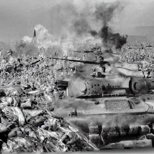 Image similar to black and white photo Dragons in Battle of Kursk WWII, dragons flying, tanks