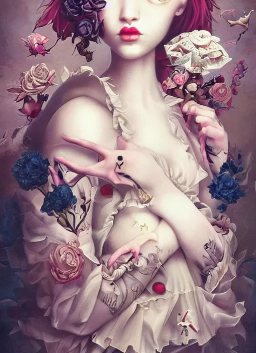 Image similar to pop surrealism, lowbrow art, realistic cute dress fashion painting, japanese street fashion, hyper realism, muted colours, rococo, natalie shau, loreta lux, tom bagshaw, mark ryden, trevor brown style,