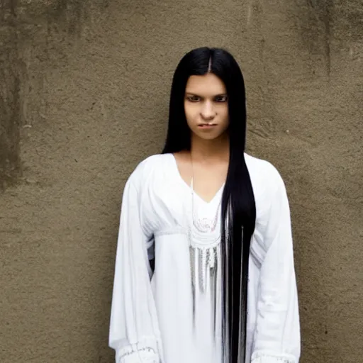 Prompt: young iraqui woman with long black straight hair, white dress