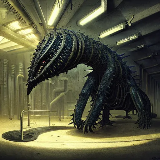 Image similar to menacing aggressive fast engineered black slimy creature made out of needles, inside a gas station, aggressive harsh bright fluorescent industrial blue lighting, extremely detailed digital matte painting buy Greg Rutkowski and H.R. Giger