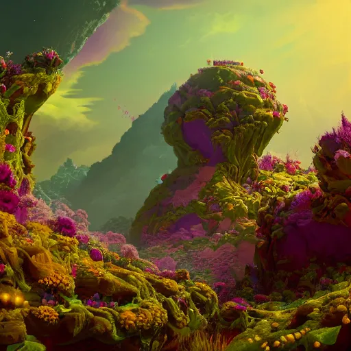 Image similar to an epic flowering alien landscape in the style of origami, 8 k, cinematic light, artstation