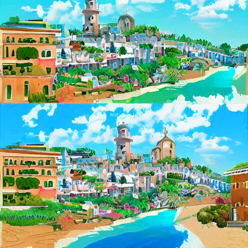 Image similar to artwork of a coastal city in Italy in the style of Studio Ghibli