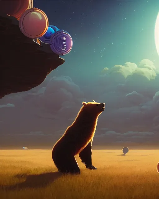 Image similar to highly detailed surreal vfx portrait of a metallic chromatic samurai bear in front of planets filled sky, stephen bliss, unreal engine, greg rutkowski, loish, rhads, beeple, makoto shinkai and lois van baarle, ilya kuvshinov, rossdraws, tom bagshaw, alphonse mucha, global illumination, detailed and intricate environment