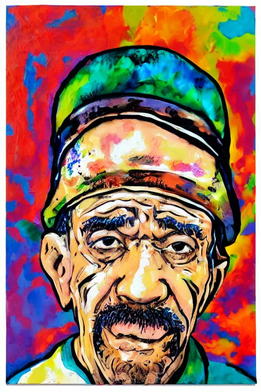 Prompt: Don Ramon from el Chavo del Ocho, acrylic paint pour, watercolor, marbling, graffiti, very detailed, large white border, 144x144 canvas, hd, high resolution print :1 CMYK :1