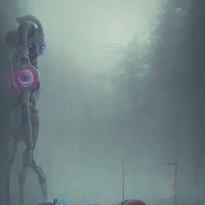 Prompt: elvish robot, foggy, extremely detailed, sharp focus, pastel colors, intricate, realistic, smooth, volumetric lighting, digital painting, by simon stalenhag