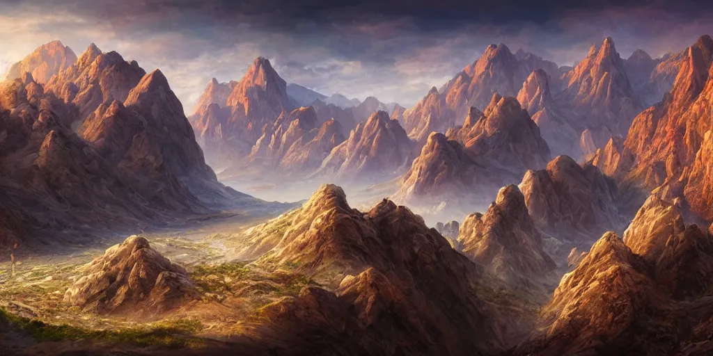 Image similar to beautiful matte painting of large mountains and canyons, fantasy