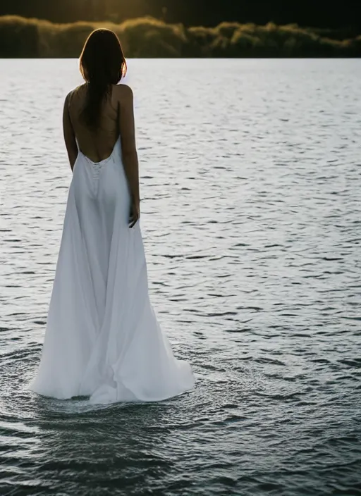 Prompt: symmetry!! a 2 8 mm macro photo of a woman in a formal gown emerging from a lake, misty, morning, splash art, movie still, bokeh, canon 5 0 mm, cinematic lighting, dramatic, film, photography, golden hour, depth of field, award - winning, anamorphic lens flare, 8 k, hyper detailed, 3 5 mm film grain
